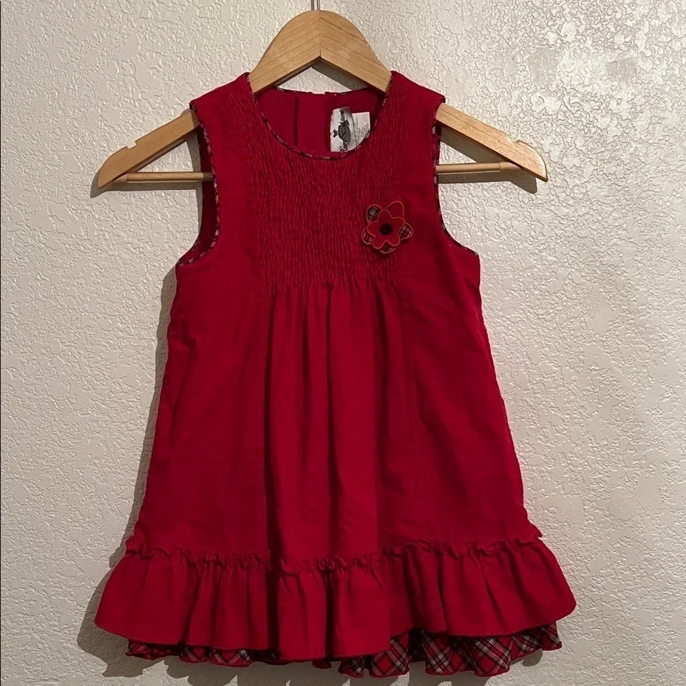 Rare Editions Vintage Girls Red‎ Corduroy Plaid Ruffle Dress Size 5